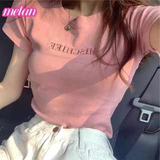 Melan❤批發2024夏季新款韓版字母刺繡修身短袖T恤女學生上衣外貿女裝潮
