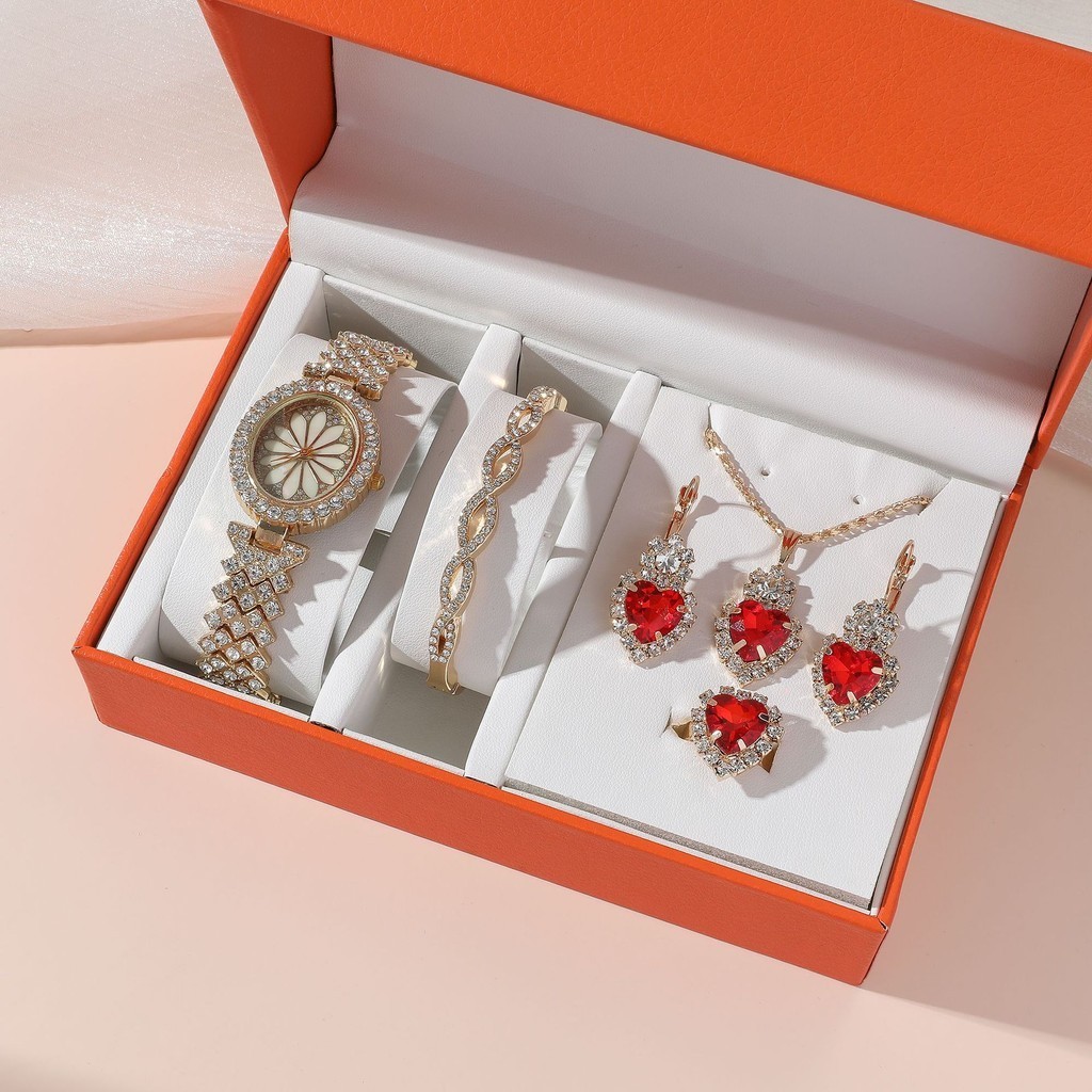 Yelly's~Shop女士手錶套裝+鑲鑽手鏈+紅寶石項鏈+紅寶石耳環+紅寶石戒指