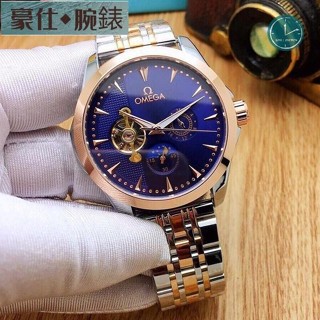 高端 奢華 歐米茄日月星辰系列腕錶 男士精品機械手錶 高品質精鋼帶手錶 休閒手錶 男士腕錶 鏤空大飛輪手錶