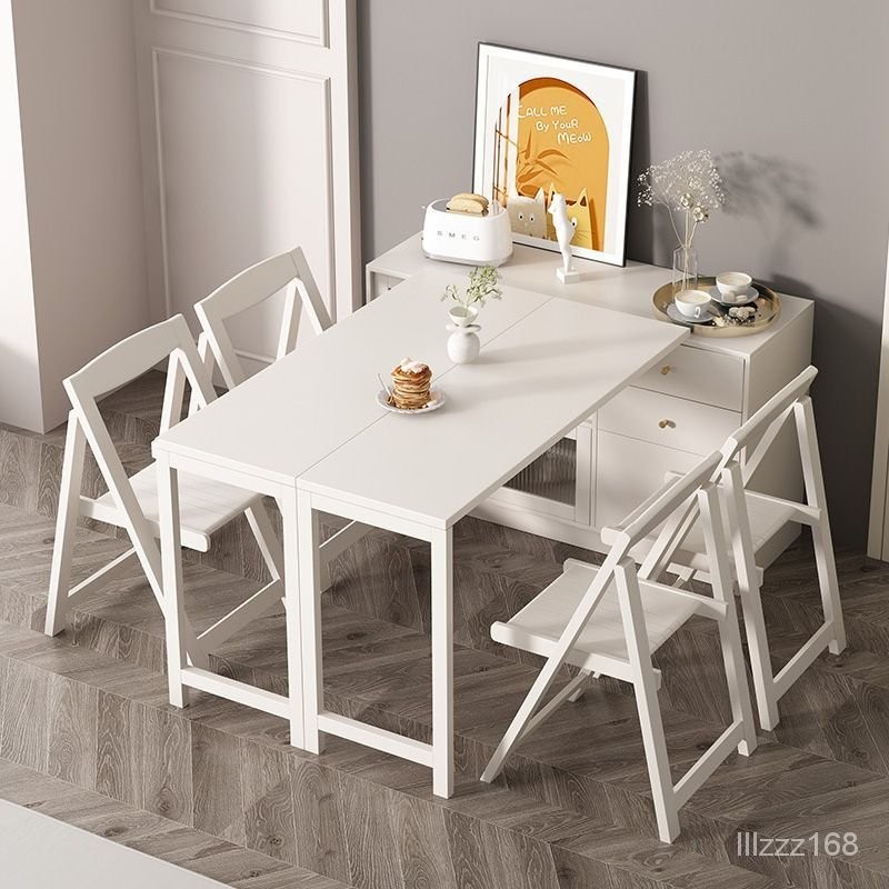 [免運]實木餐桌餐邊櫃一體折疊桌北歐傢用小戶型伸縮旋轉多功能白色飯桌