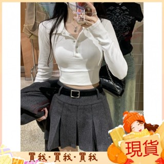 2024新款💝辣妹POLO衫翻領長袖t恤女春秋新款修身顯瘦純慾風露臍打底衫上衣 JVKU