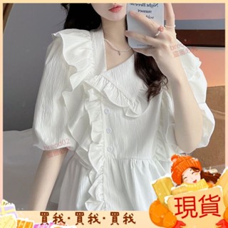 2024新款💝大尺碼女裝夏季洋派法式泡泡袖上衣胖mm娃娃領減齡顯瘦襯衫短袖小 YG7X