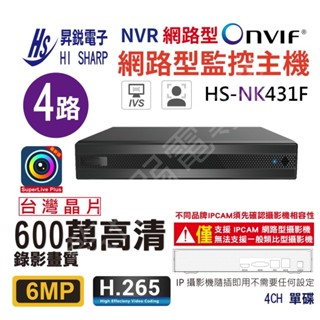 【含稅現貨】 昇銳 最新版 HS NK431F 6MP 4路 網路型 NVR IP型 監控主機 單碟