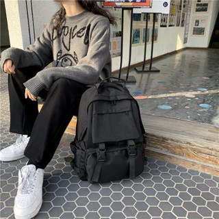 免運💯港風中性潮牌黑色書包女 大學生韓版雙肩包男 中學生揹包大容量後揹包 大容量尼龍後揹包 韓國旅行防水休閒後揹包
