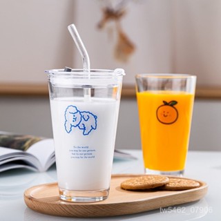 現貨 水杯杯子隨行吸管杯ins可愛卡通飲料玻璃杯牛奶早餐杯果汁杯咖啡杯吸管杯耐熱耐高溫刻度水杯 杯子 玻璃水壺