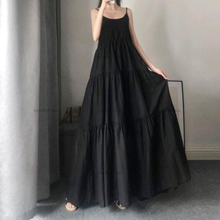 大碼女孩💕L-4XL 夏季韓版大尺碼🌷 洋裝 連衣裙 大碼吊帶裙300斤長款女夏暗黑山本風內搭孕婦連衣裙超長腳踝