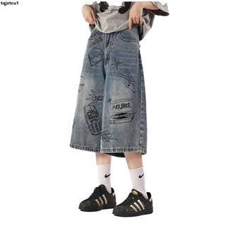 【TQJXTCU1】大碼褲裝 長褲👖塗鴉牛仔短褲女夏季薄款寬松休閑7七分褲小個子直筒闊腿5五分褲子