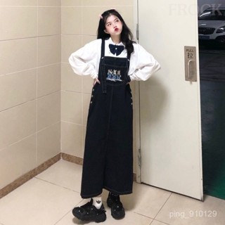 【FROCK】牛仔背帶裙女新款寬鬆減齡刺繡顯瘦開叉連衣裙 背帶裙 性感連衣裙 洋裝 吊帶裙 露肩裙子 連身裙