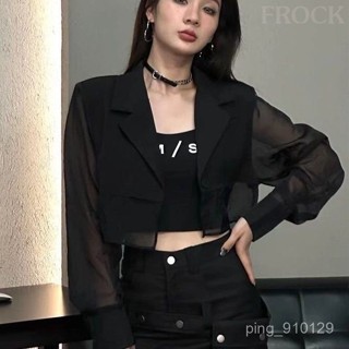 【FROCK】網紗拚接西裝防曬外套寬鬆顯瘦不規則性感微透薄款開衫 薄款外套 防曬外套 寬鬆襯衫 防曬襯衫 寬鬆上衣