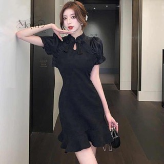 高階精緻旗袍連衣裙子女裝夏季年新款小個子氣質法式茶歇黑色 改良式旗袍 新中式洋裝 連身裙 中國風長裙 旗袍洋裝 收腰顯瘦