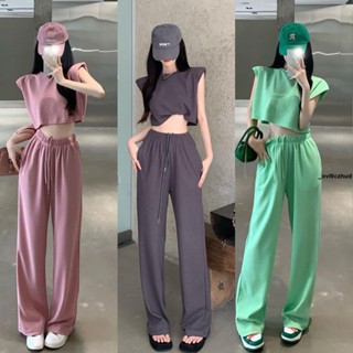 女套裝 多件套 純色背心短款上衣高腰闊腿休閑褲兩件套女夏季新款時尚套裝潮