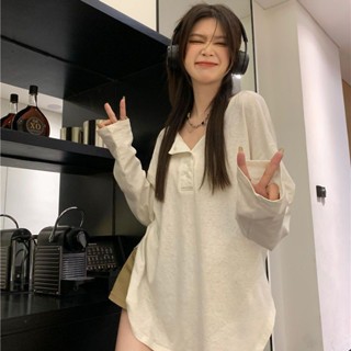 甜美上衣 上衣 女 遮陽罩衫 罩衫上衣 好看上衣慵懶風白色長袖T恤女秋季新款薄款寬鬆顯瘦小個子休閒打底衫上衣