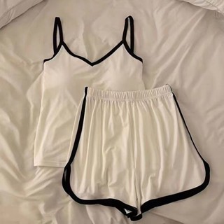 ins 韓係 涼感 吊帶 睡衣女 夏季 弔帶 背心 帶胸墊 簡約 薄款 套裝 傢居服 X6US