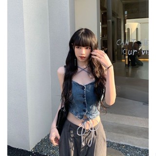 臺灣出貨 性感辣妹牛仔吊帶背心女外穿2024新款夏季韓版高腰綁帶設計感裹胸 牛仔背心 韓係背心 短版 顯瘦上衣 工裝背心