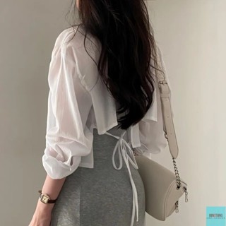 BINGTANG服飾 襯衫 襯衣 上衣 多巴胺穿搭韓國chic夏季長袖雪紡防曬衫設計感小心機後背綁帶露背短款襯衫女