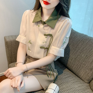 新中式國風刺繡襯衫短袖女夏季24新款法式別致氣質透明防曬衣 中國風上衣 改良旗袍上衣 盤扣上衣 短袖t恤女 中國風 復古