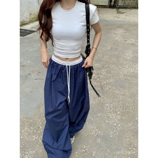 【限時特賣】長褲女 女生褲子 寬褲 運動褲 冰絲長褲 高腰褲 顯瘦長褲2024夏季抽繩美式工裝褲女拚接腰頭百搭寬鬆休閒褲