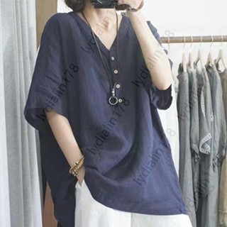 Sweet Oversize 襯衫V領大碼寬鬆休閒仿棉麻襯衣半袖夏上衣女胖mm顯瘦韓版大尺碼女裝t恤短袖