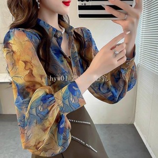 ✨特價✨花朵印花長袖襯衫夏季休閒寬鬆翻領燈籠袖襯衫百搭復古上衣時尚女裝洋裝