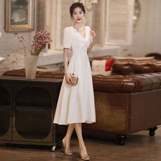新品新娘結婚敬酒服🎀西式禮服 白色小晚禮服裙女平時可穿成人禮2024法式洋裝小眾高階領證小白裙 畢業晚會主持人【琳黛】