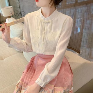 新中式國風襯衫早春裝2024年新款長袖上衣高階感女士立領襯衣外穿 新中式 中國風上衣 韓版上衣 大尺碼上衣 長袖襯衫 復