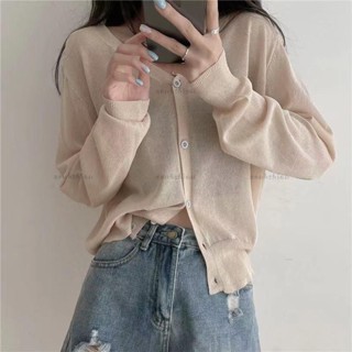 優質開衫💗冰絲針織衫薄款女 夏季外搭防曬開衫 小外套寬松V領長袖空調衫上衣 簡約寬鬆百搭防曬開衫