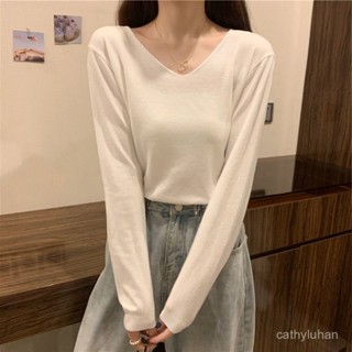 ✨優選大碼✨V領上衣修身上衣顯瘦上衣V領T恤v領針織長袖白色T恤女2024年春秋季新款修身外穿打底衫女內搭上衣