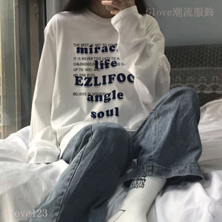 🌷臺灣出貨🌷 2024秋季新款 白色長袖上衣 印花T恤女 學生寬鬆休閒內搭 打底衫 ins風 小眾 上衣女 長袖T恤