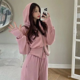 免運+高品質✅學院風減齡連帽衛衣女潮ins短款拉鏈外套早秋高腰休閒闊腿褲套裝 YKXS