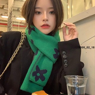 🔥熱賣🔥復古花朵綠色仿羊絨圍巾女冬季韓版百搭可愛針織毛線雙面圍脖潮