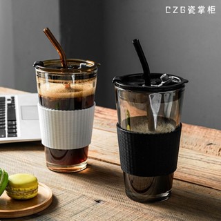 ✨臺灣出貨 400ml透明咖啡杯玻璃杯杯便攜吸管杯高顏值牛奶杯水杯隨行杯