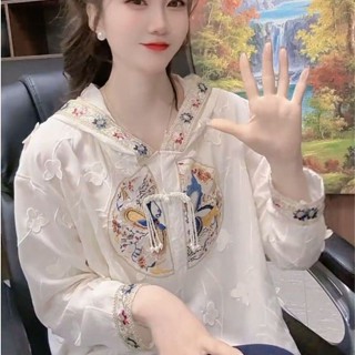 中國風上衣女 新中式國風盤扣連帽長袖襯衫女夏新款氣質提花刺繡設計感小眾上衣 新中式上衣 長袖襯衫女 大尺碼春秋長袖女