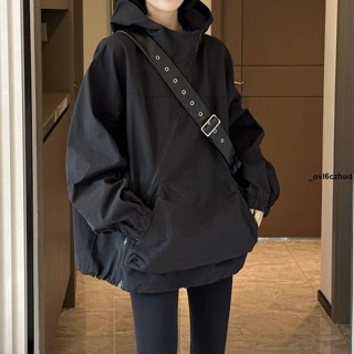 秋冬外套 春季新款韓版百搭休閑寬松沖鋒衣女斜拉鏈設計感小眾連帽外套