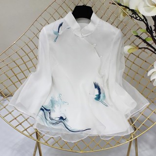 中國風上衣女 2024新款改良漢服女復古風女裝中式仙鶴刺繡長袖短款旗袍唐裝上衣 民族風上衣 文藝復古大尺碼古著襯衫女