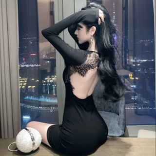 【Wik】小性感洋裝 新款韓版蕾絲露背小黑裙女 拚接設計感修身顯瘦長袖洋裝 內搭連衣裙 連身短裙 女生裙子