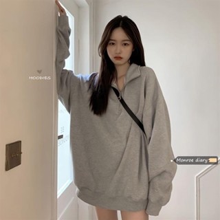 ✨U家女裝✨寬鬆版大學T 韓係/灰色/POLO領長版上衣/INS/衛衣/寬鬆/顯瘦上衣/POLO上衣/拉鍊/小清新/秋季