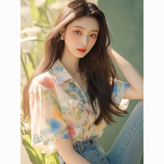 SY法式小香風襯衫氣質別緻絕美短袖上衣港風chic遮肉顯瘦綠色碎花襯衫女夏季翻領上衣