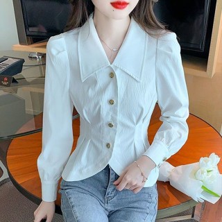 SY法式小香風襯衫女早秋長袖上衣新款洋氣卡腰小衫獨特別緻高級感短款上衣翻領上衣長袖襯衫