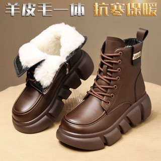 【滑雪必備 雪地靴】皮毛一體雪地靴女冬季短靴女真皮羊毛棉靴加絨加厚底馬丁靴棉鞋女