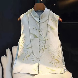 中國風馬甲女 新中式國風馬夾復古提花竹鳥刺繡背心無袖唐裝上衣Cosplay出吳邪 無袖外套 保暖外套 新中式背心外套 休