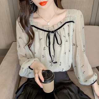 SY大尺碼上衣別緻碎花方領上衣長袖襯衫女春秋胖MM設計感小眾洋氣印花襯衫長袖上衣
