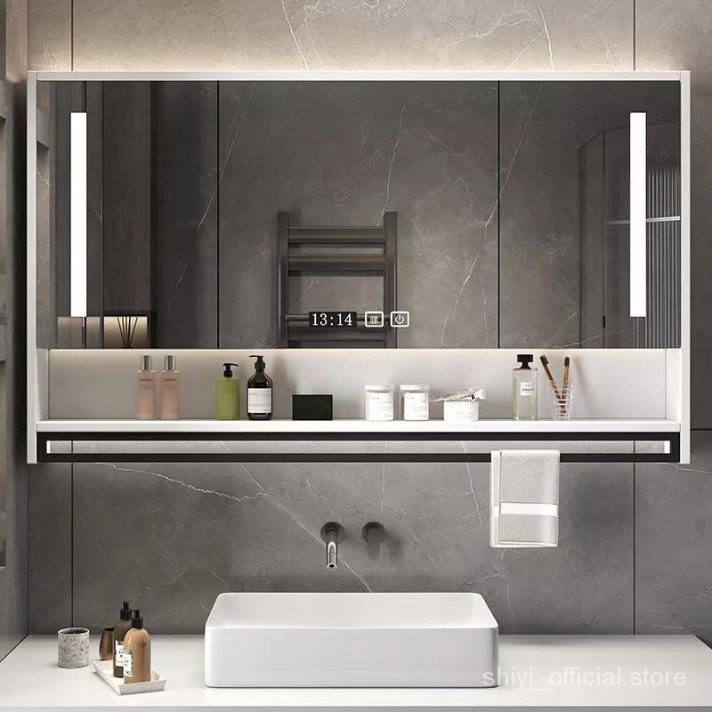實木智能浴室鏡櫃帶燈除霧衛生間浴室鏡掛墻式洗手間鏡子帶置物架