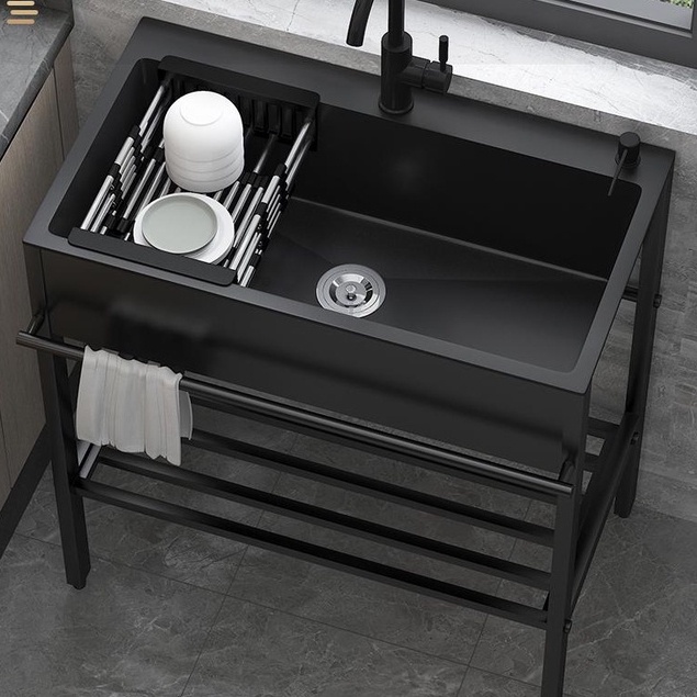 統編-免運-精選-家用黑色單槽不銹鋼水槽帶支架廚房洗菜盆落地式加厚洗碗雙槽水池G6