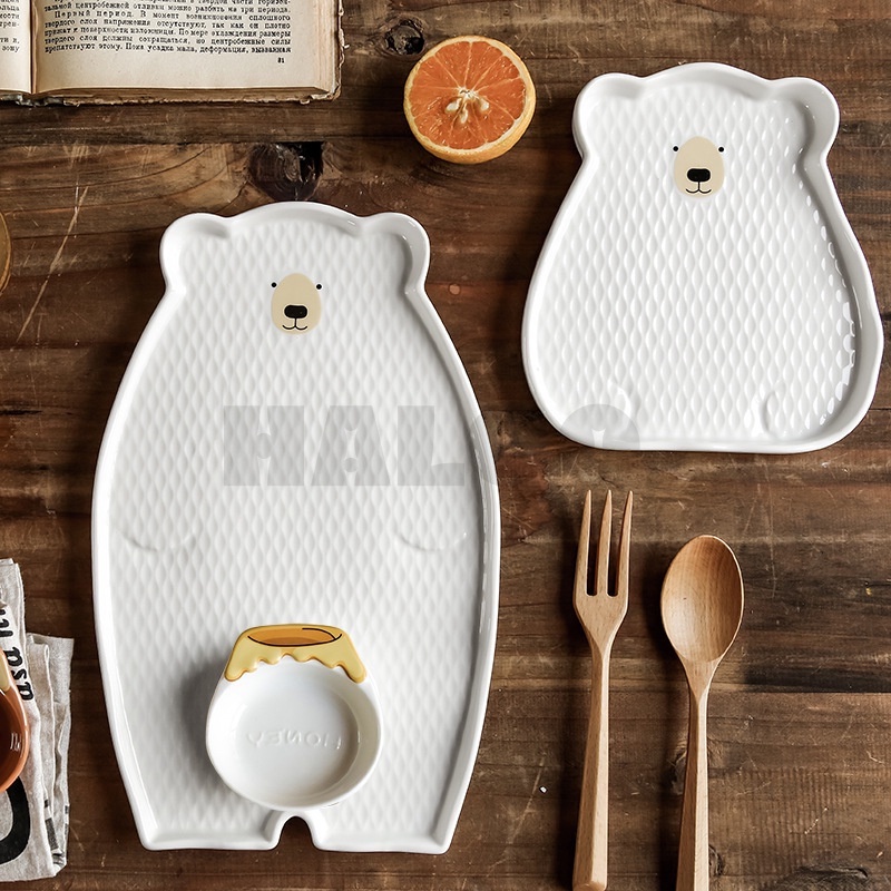 可愛小熊陶瓷盤三件式 帶醋碟 家用菜盤 ins碟子 親子餐盤 早餐盤 魚盤