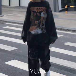 YUAN hiphop高街 大學T 美式復古 衛衣女 寬鬆大學t 美式上衣女 oversize 長袖上衣 女寬鬆上衣
