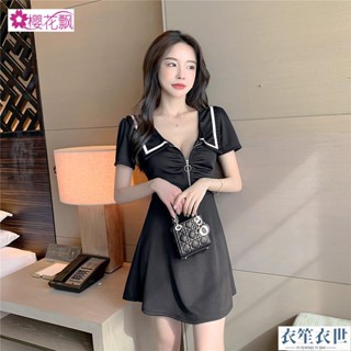性感夜店女裝2022夏新款海軍風清新甜美主播收腰打底法式小黑裙禮服洋裝[衣笙衣世]