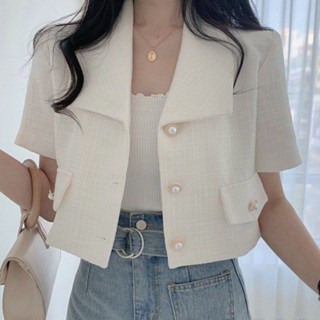 SY小香風西裝外套女韓版寬鬆休閒百搭短袖小西服文藝復古小清新外套短版素色上衣甜美風日系穿搭西服ins潮