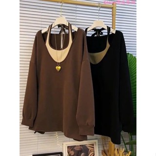 胖妹m300斤超大碼女新款假兩件長袖t恤遮肉顯瘦打底衫上衣百搭潮 長袖上衣女秋 寬鬆 大尺碼 長版 韓版 顯瘦 打底衫