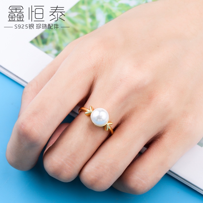 DIY配件 925純銀韓版開口珍珠戒指指環空托 鑲嵌蜜蠟葡萄石戒指托
