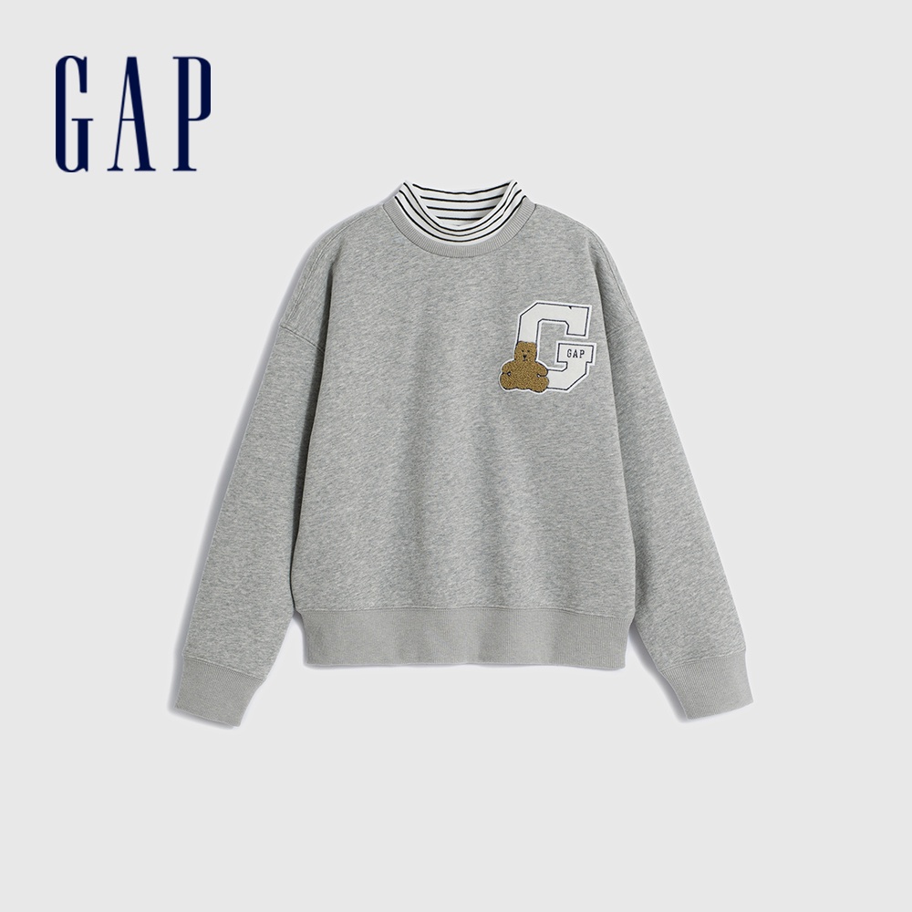 Gap 男童裝 Logo小熊印花立領大學T-灰色(785172)